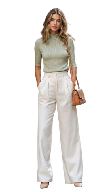 Woman in sage turtleneck and white wide-leg pants with brown handbag.